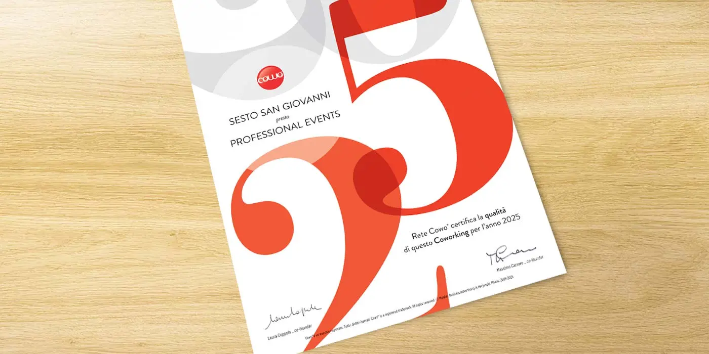 Attestato di qualità Cowo® 2025 assegnato allo spazio di coworking di Sesto San Giovanni presso Professional Events