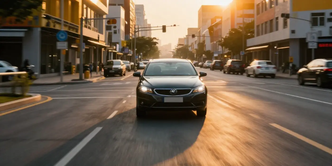 Un'automobile che imbocca agevolmente uno svincolo stradale luminoso, a simboleggiare la comodità logistica del nostro Coworking vicino alla Tangenziale Est.